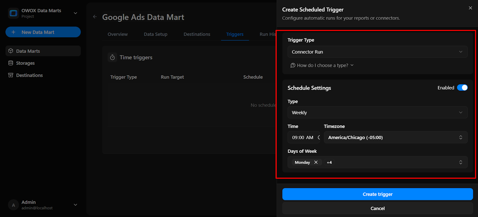 Scheduled trigger setup screen in OWOX Data Marts showing trigger type and scheduling options for automating data runs. i-shadow