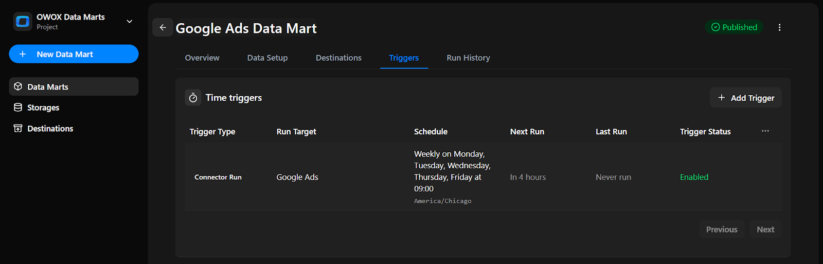 OWOX Data Marts trigger summary screen showing active time trigger details, including schedule, status, and upcoming run for Google Ads Data. i-shadow