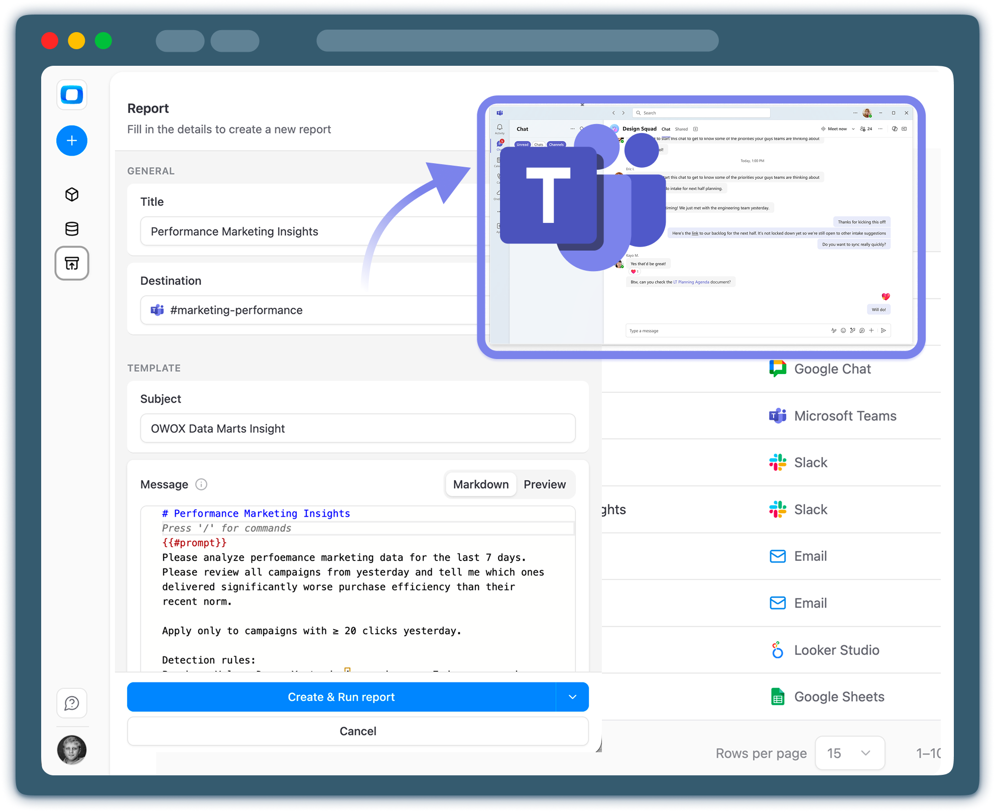 What does Microsoft Teams integration mean in OWOX AI Insights?