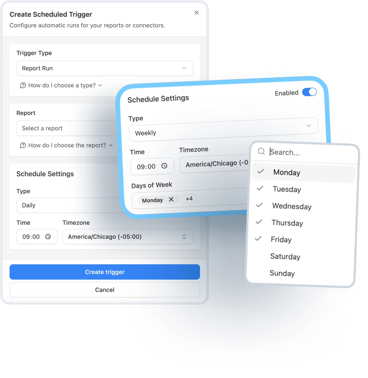 OWOX trigger setup screen showing options to schedule automatic data refreshes by day, time, and timezone for reports and connectors.