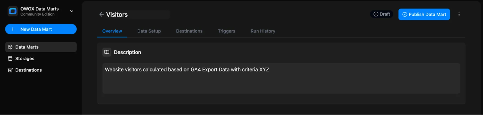 OWOX Data Marts interface showing a draft Data Mart named “Visitors,” with a defined description for GA4 export-based website visitor calculations before publishing. i-shadow