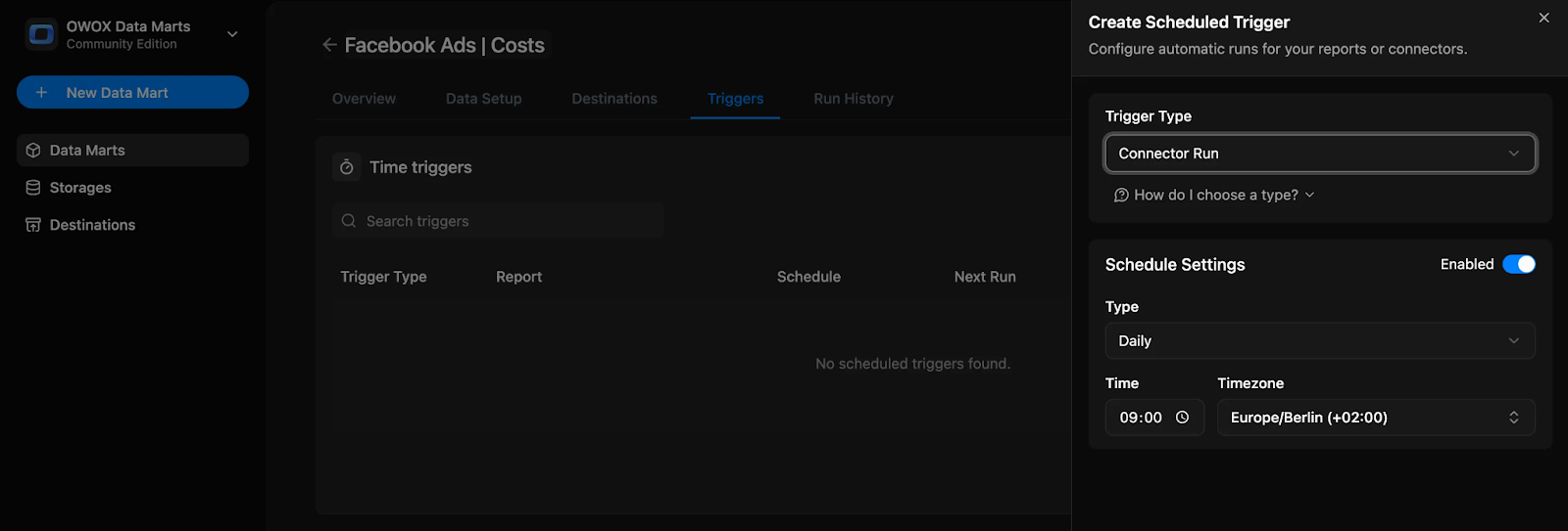 OWOX Data Marts interface showing creation of a scheduled Connector Run trigger for Facebook Ads data, with daily schedule and timezone settings.