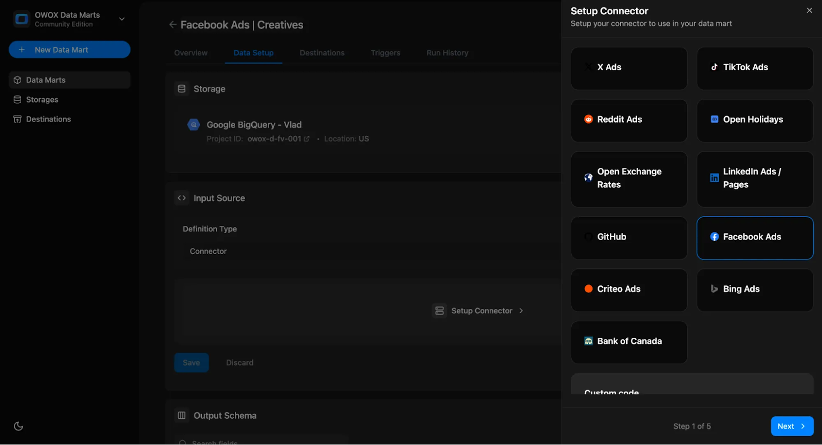 OWOX Data Marts interface showing setup of a Facebook Ads connector in BigQuery, with available ad sources like TikTok, LinkedIn, and Bing.