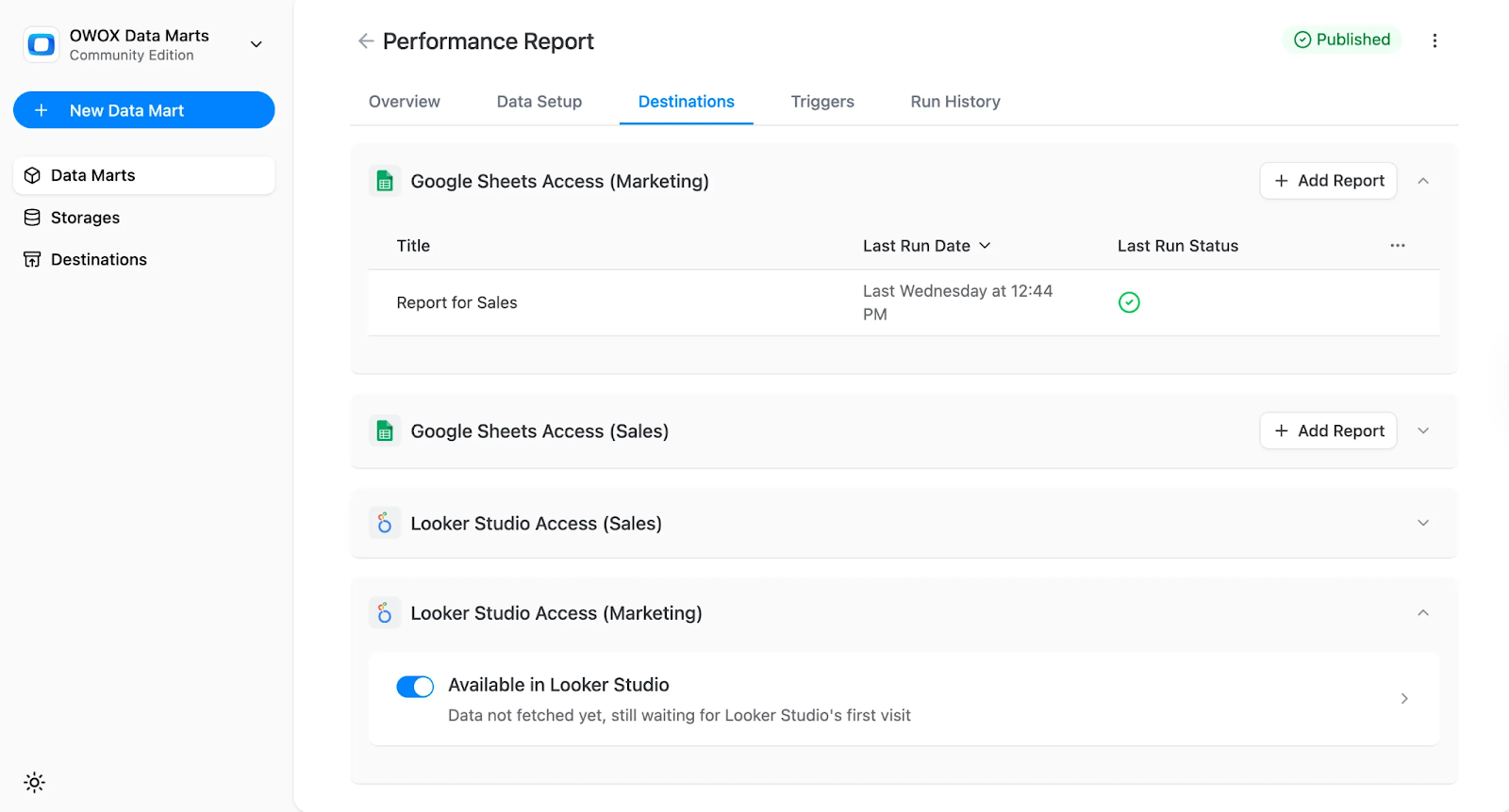 OWOX Data Marts Performance Report showing Google Sheets and Looker Studio destinations for Marketing and Sales with report status and availability. i-shadow