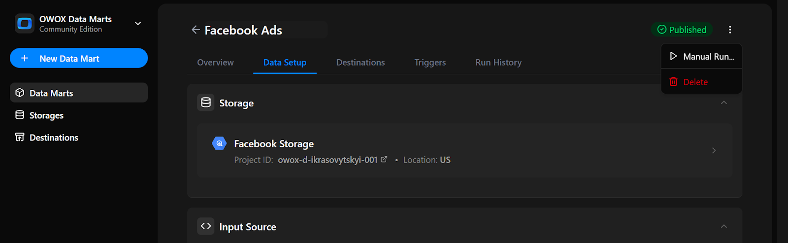 OWOX Data Marts interface with the ‘Manual Run’ button visible and the 3-dot menu expanded. i-shadow