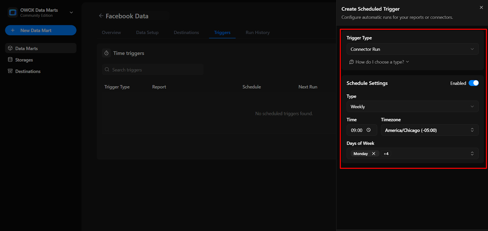 Scheduled trigger setup screen in OWOX Data Marts showing trigger type and scheduling options for automating data runs. i-shadow
