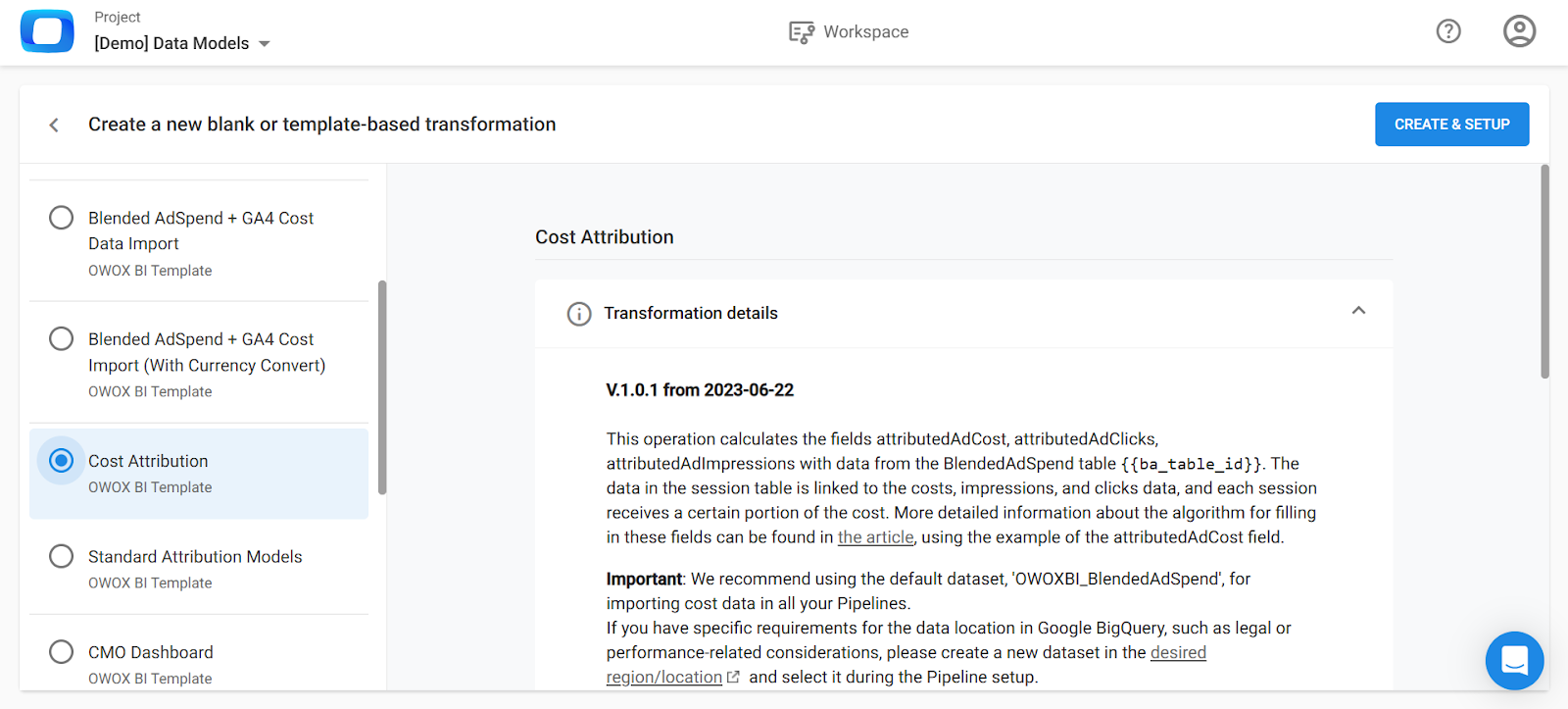 OWOX Cost Attribution template with details on how ad cost, clicks, and impressions are calculated.  i-shadow