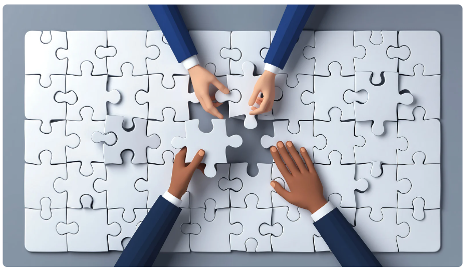 Puzzle assembly illustration showing Snowflake as one part of the analytics stack, highlighting that additional tools are still needed for data ingestion, transformation, and reporting. i-radius