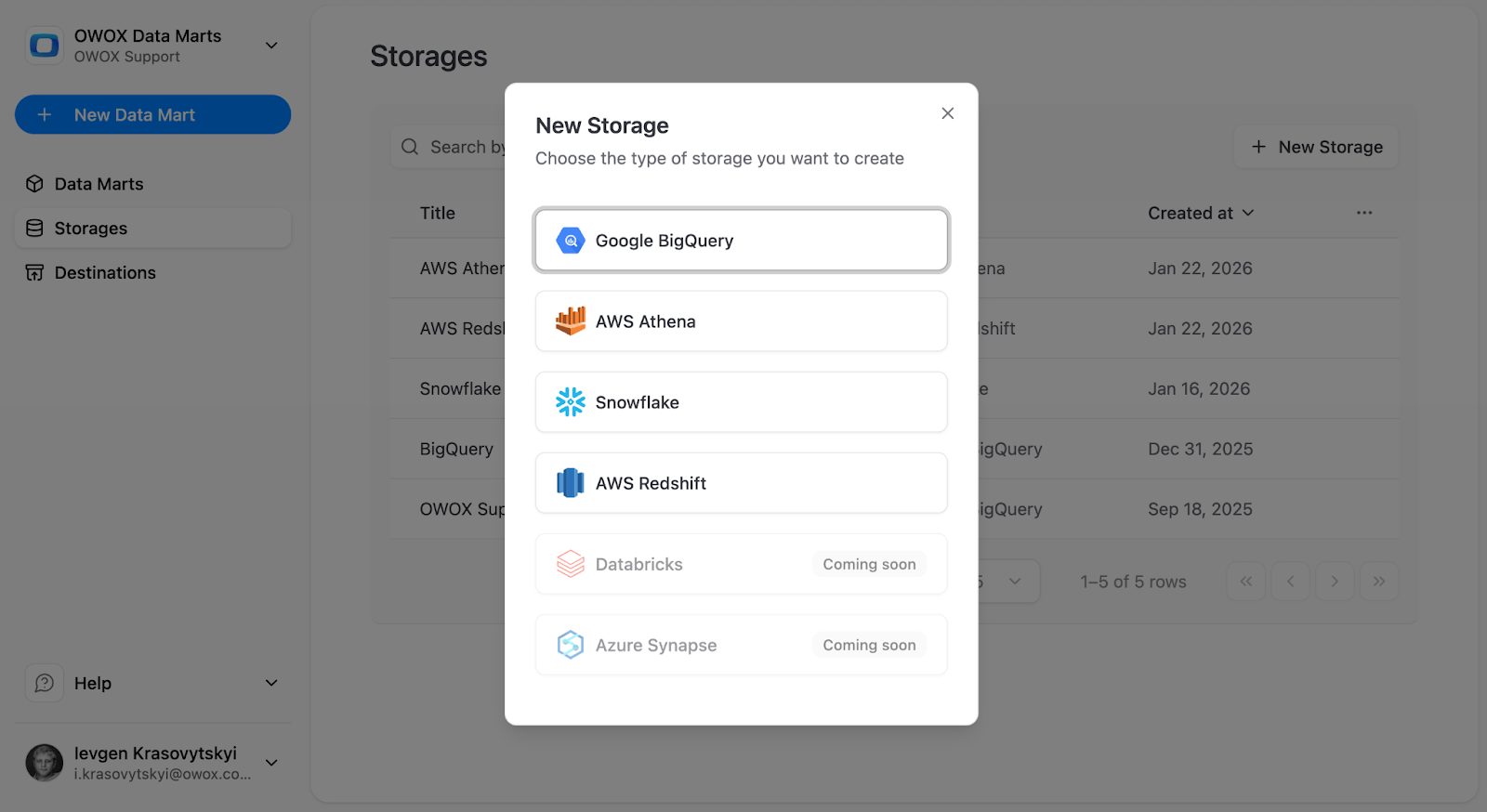 OWOX Data Marts interface showing the Storages section with the “New Storage” button selected to add a Snowflake warehouse connection for Google Ads data ingestion. i-shadow