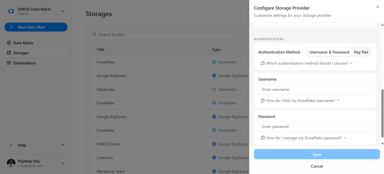 Authentication settings panel in OWOX Data Marts showing Snowflake username and password or key-based authentication options for secure Google Ads data loading. i-shadow