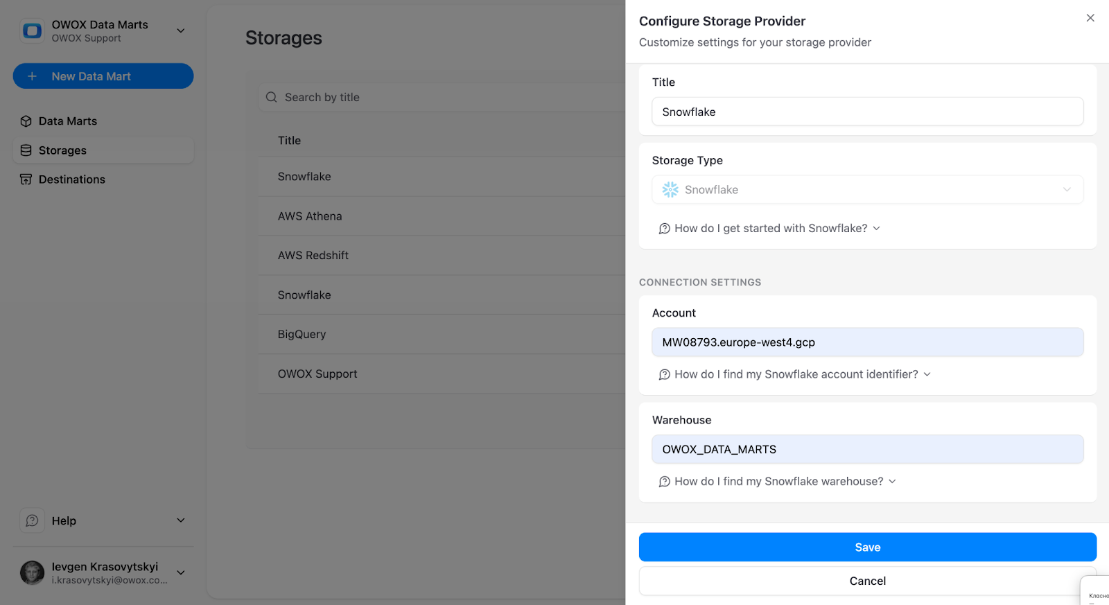 Snowflake connection configuration form inside OWOX Data Marts showing fields for account locator, identifier, and warehouse used for loading Google Ads data into Snowflake. i-shadow