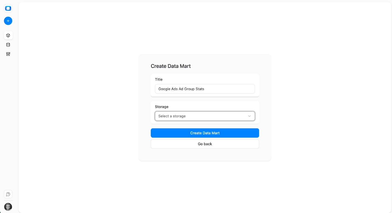 OWOX Data Marts interface showing creation of a new Google Ads Insights data mart with Snowflake selected as the data storage. i-shadow