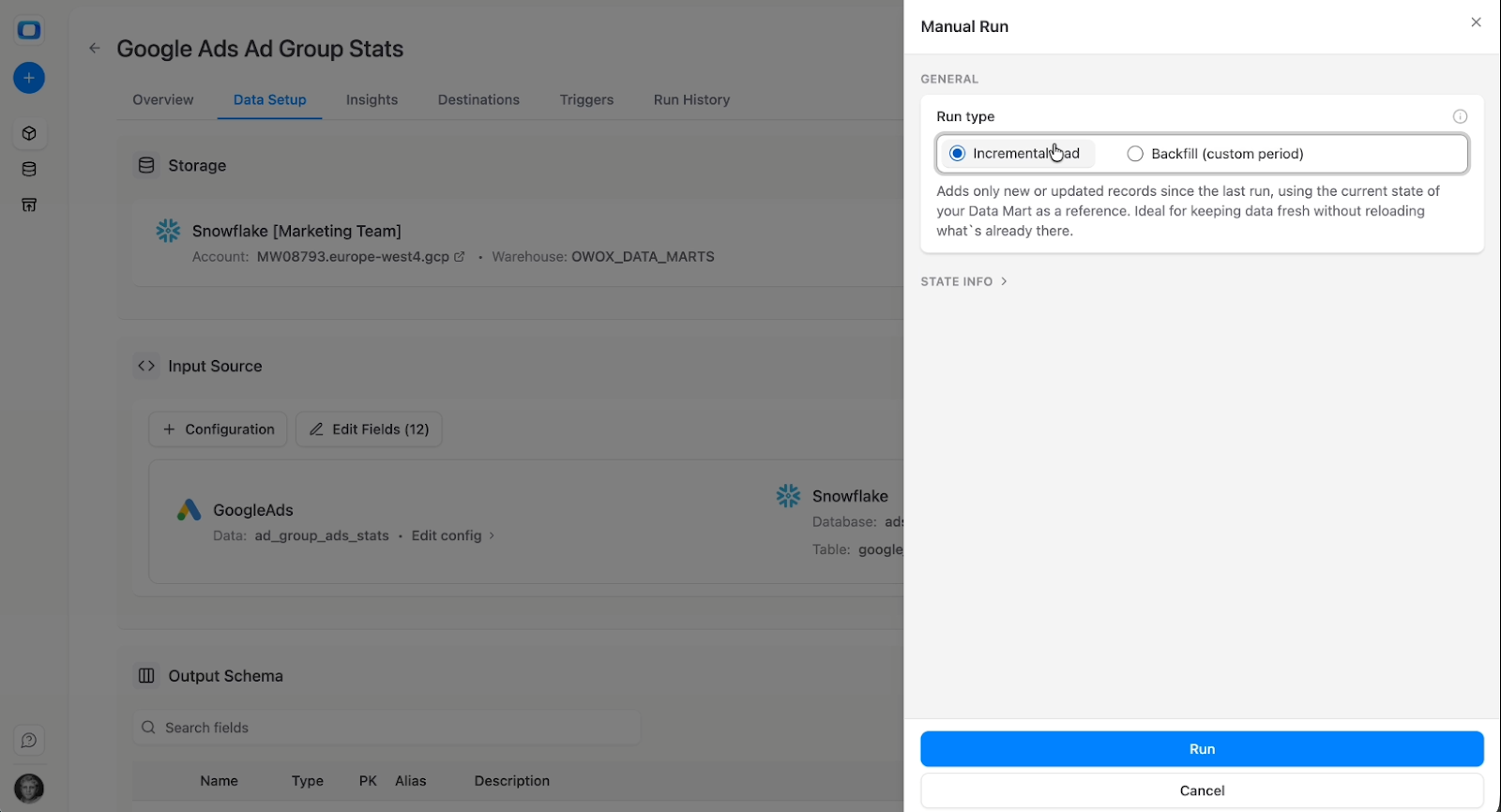 Manual run configuration panel in OWOX Data Marts showing incremental option for Google Ads data loading. i-shadow