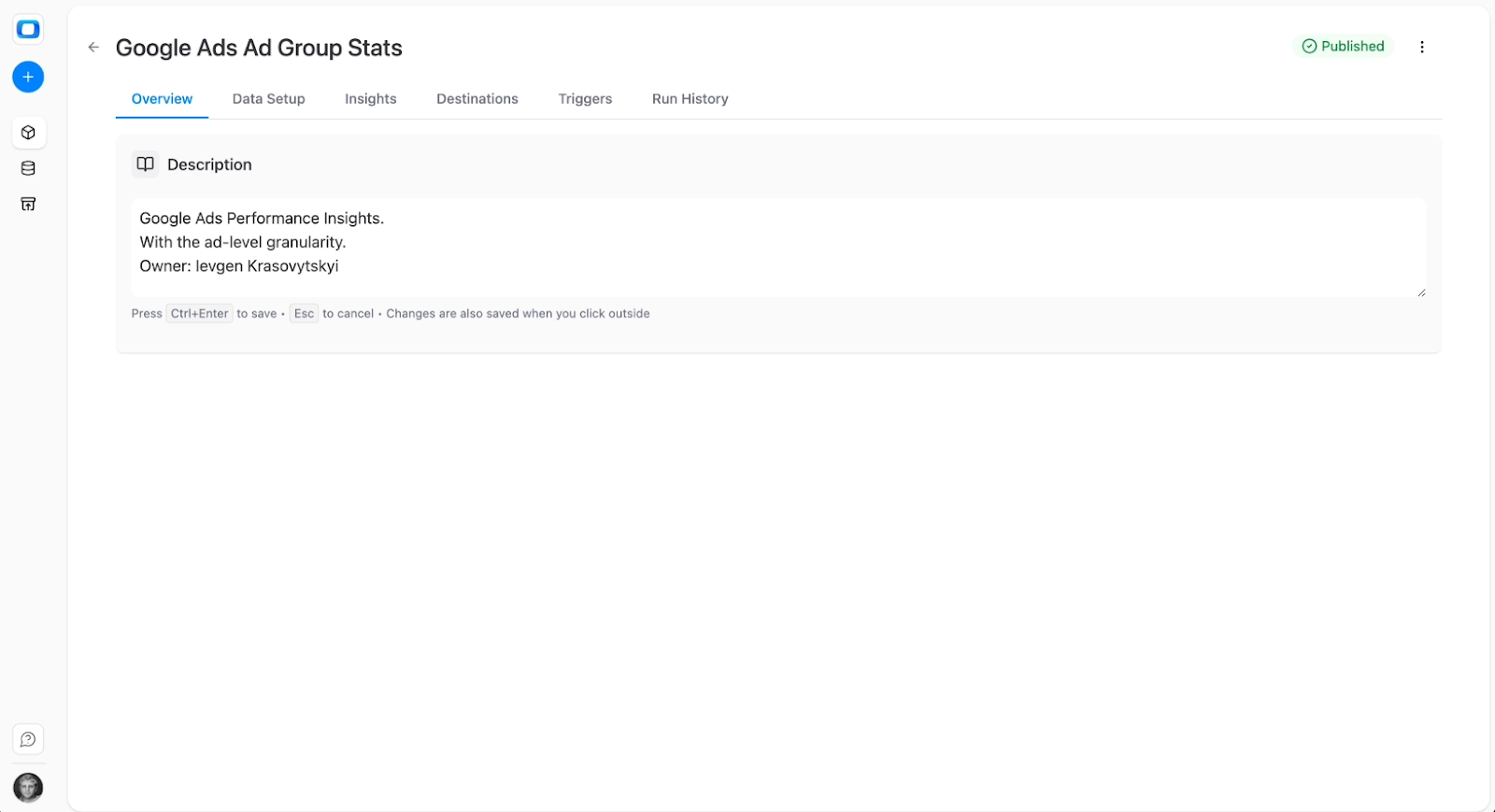 Overview tab in OWOX Data Marts showing the Description field used to document a Google Ads data mart configuration and ownership details. i-shadow