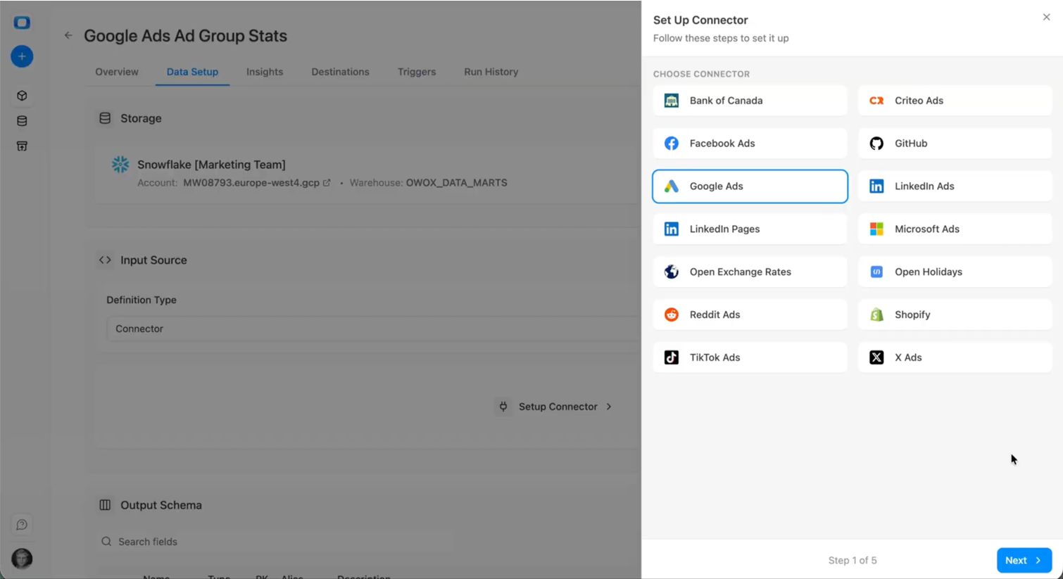OWOX Data Marts connector selection screen showing Google Ads chosen as the input source for a Snowflake data mart. i-shadow