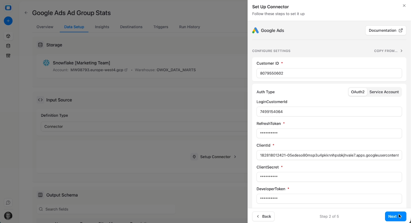 Google OAuth authorization screen in OWOX Data Marts, prompting the user to grant access to Google Ads accounts. i-shadow