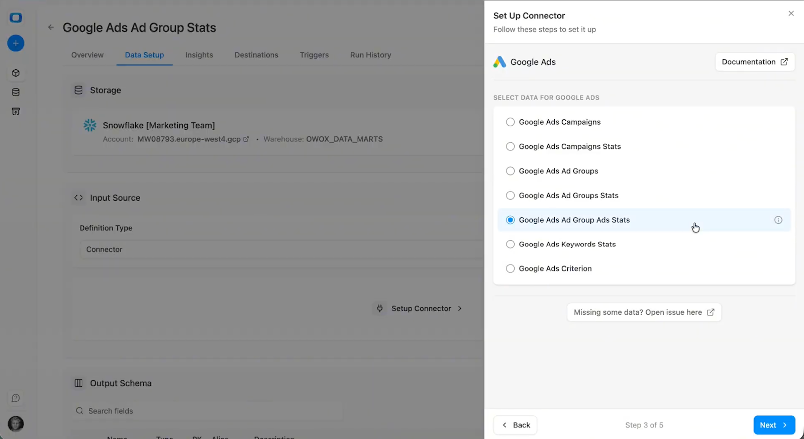 Google Ads account selection and reporting endpoint configuration inside OWOX Data Marts. i-shadow