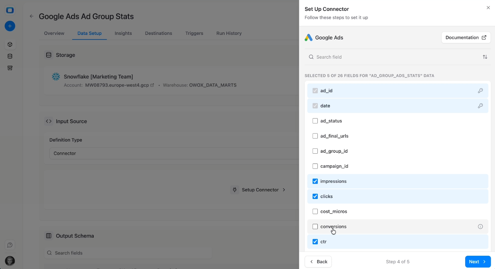 Field selection screen in OWOX Data Marts showing Google Ads metrics like impressions, clicks, cost, and conversions selected for ingestion. i-shadow