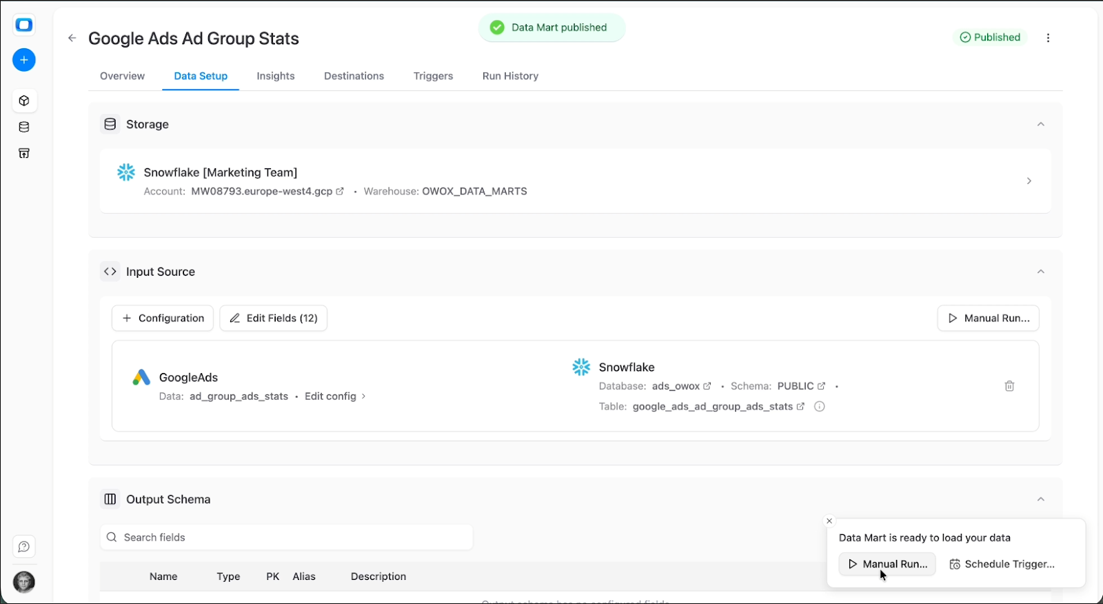 OWOX Data Marts interface showing Manual Run option for a Google Ads data mart connected to Snowflake. i-shadow