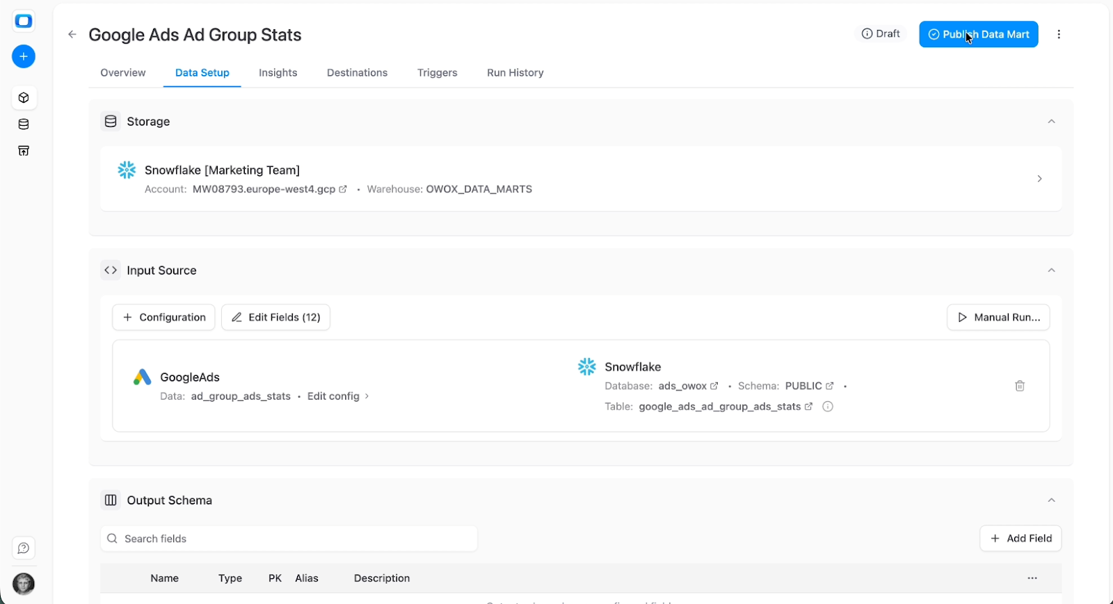 Snowflake destination configuration in OWOX Data Marts showing database, schema, and table setup for Google Ads data loading. i-shadow