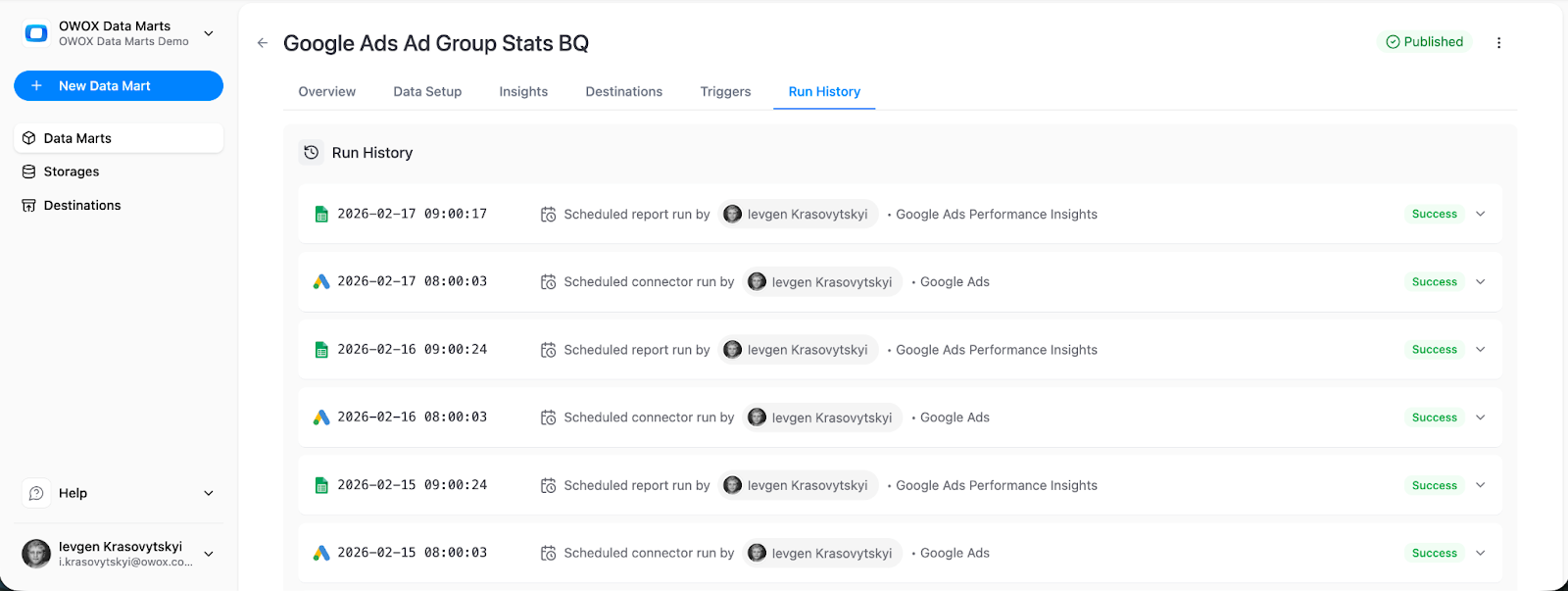 Run History tab in OWOX Data Marts showing execution status, row counts, timestamps, and detailed logs for a Google Ads data mart run. i-shadow