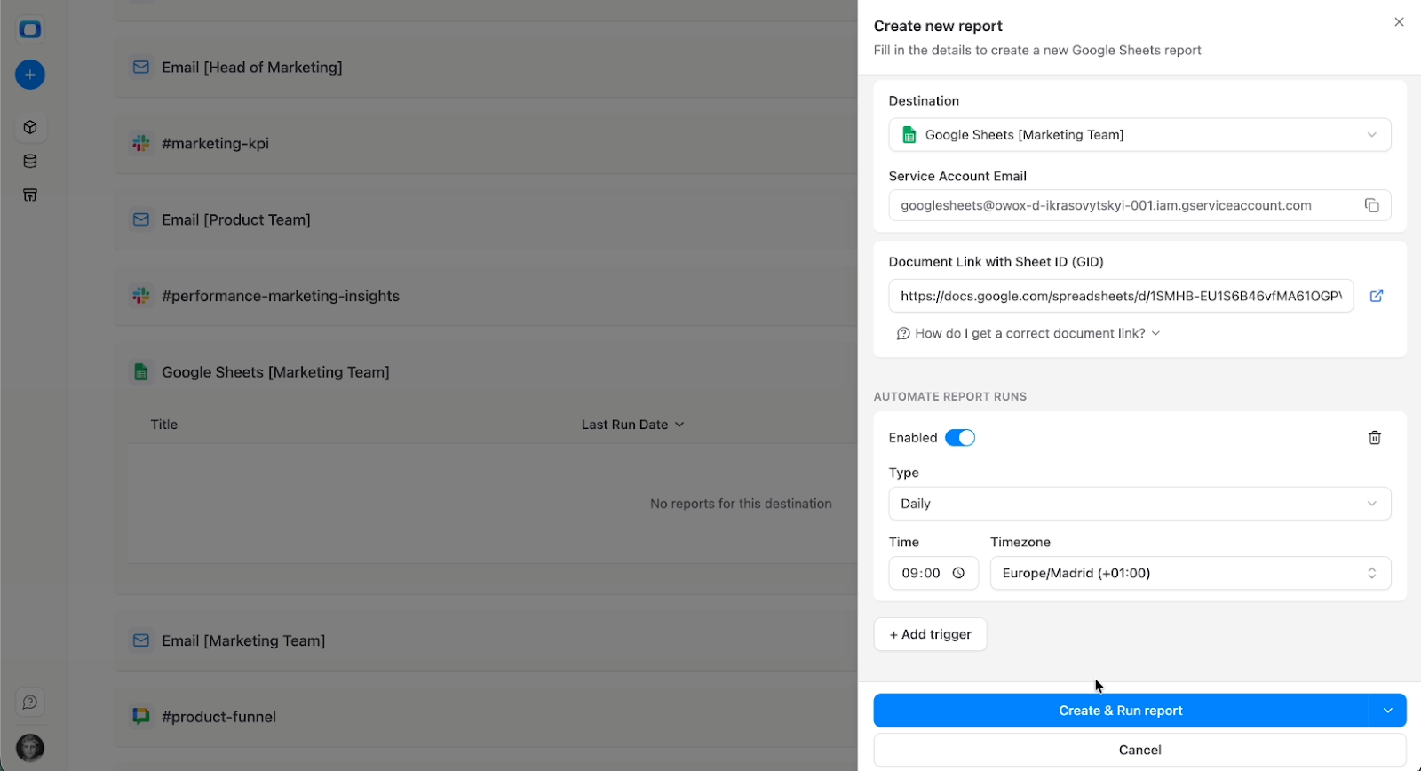 Google Sheets automatically refreshed from Snowflake using a Google Ads data mart as the data source. i-shadow
