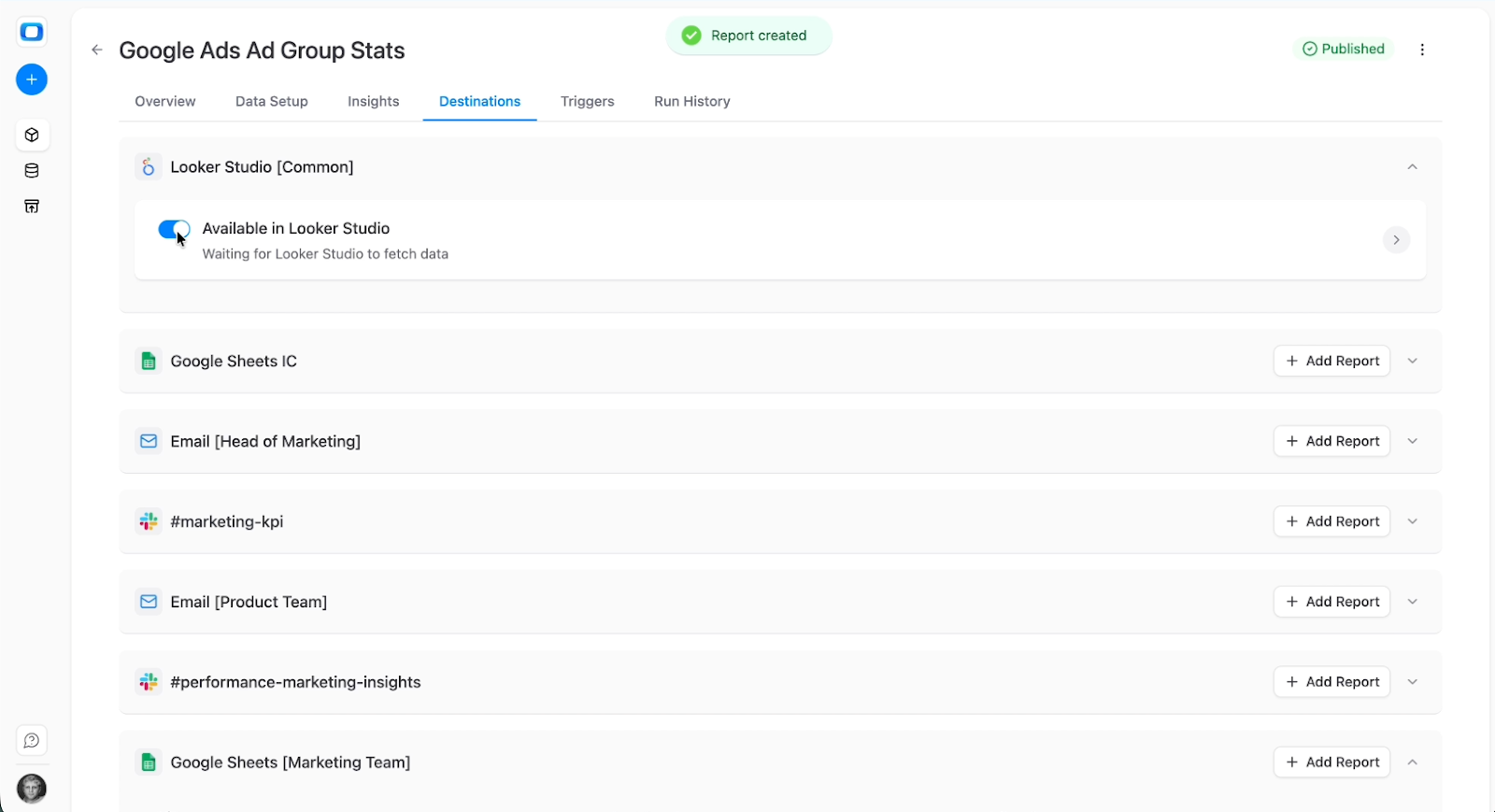 Looker Studio dashboard connected to Snowflake Google Ads data mart showing standardized cost, ROAS, and CPA metrics. i-shadow