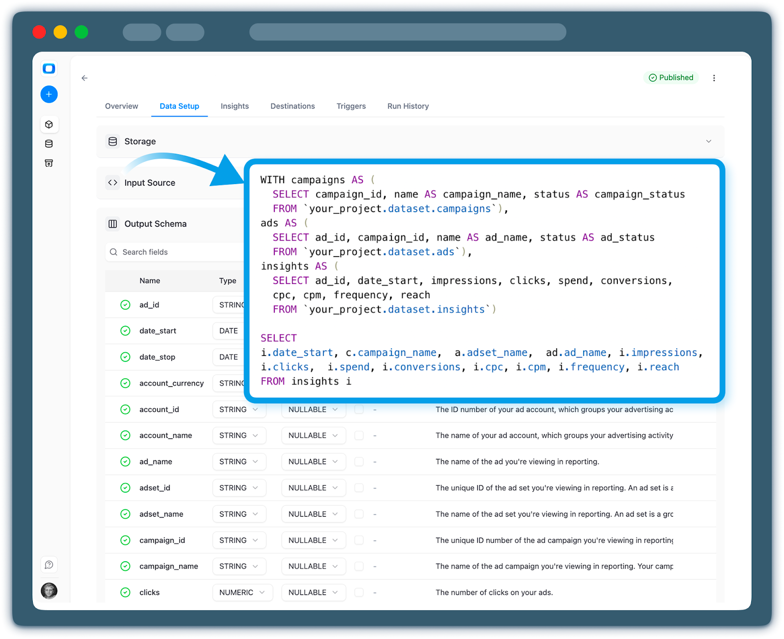 OWOX Data Marts interface showing a Snowflake SQL transformation with campaign and performance metrics used to build attribution-ready ROAS and CPA views by campaign, audience, and region.