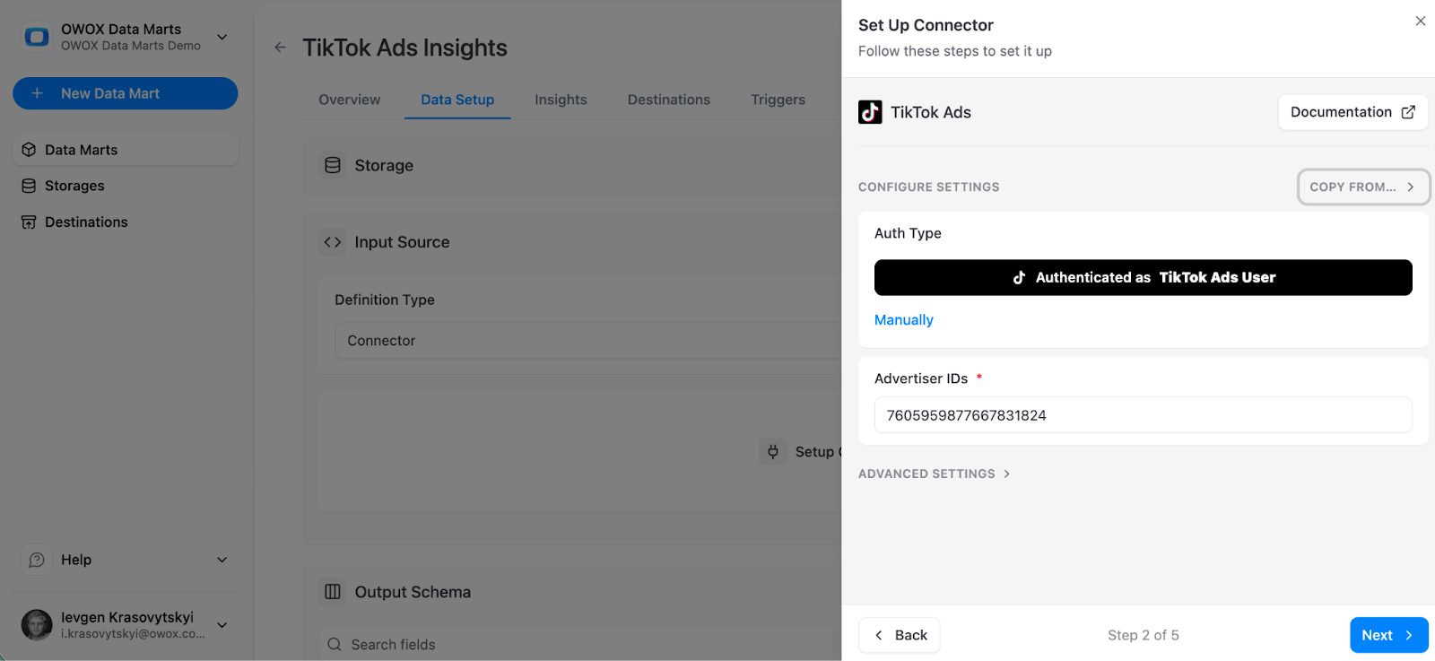 TikTok Ads authorization panel in OWOX showing OAuth login and account selection. i-shadow