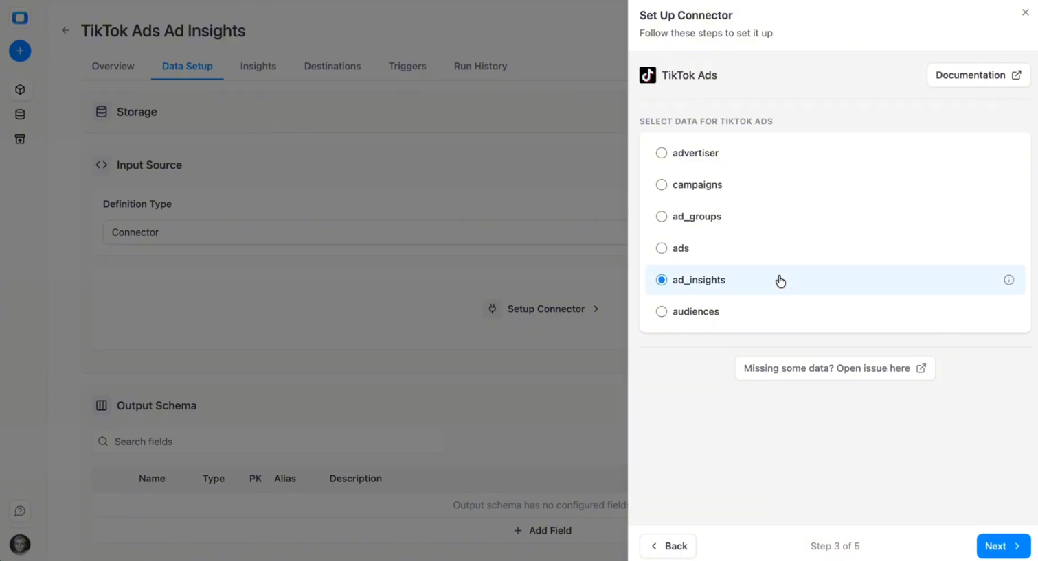 Field selection screen in OWOX for TikTok Ads showing selectable performance metrics and dimensions. i-shadow