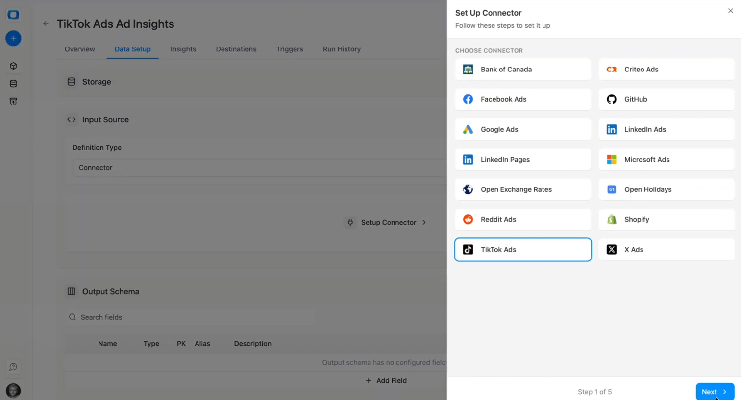 OWOX connector selection screen with TikTok Ads chosen as the input source. i-shadow