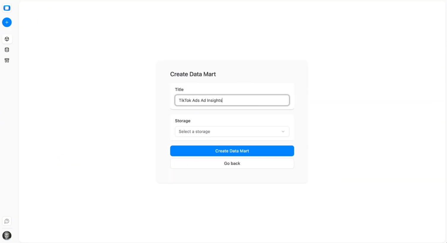 OWOX Data Marts interface showing the Create Data Mart form with Snowflake selected as storage for TikTok Ads data. i-shadow