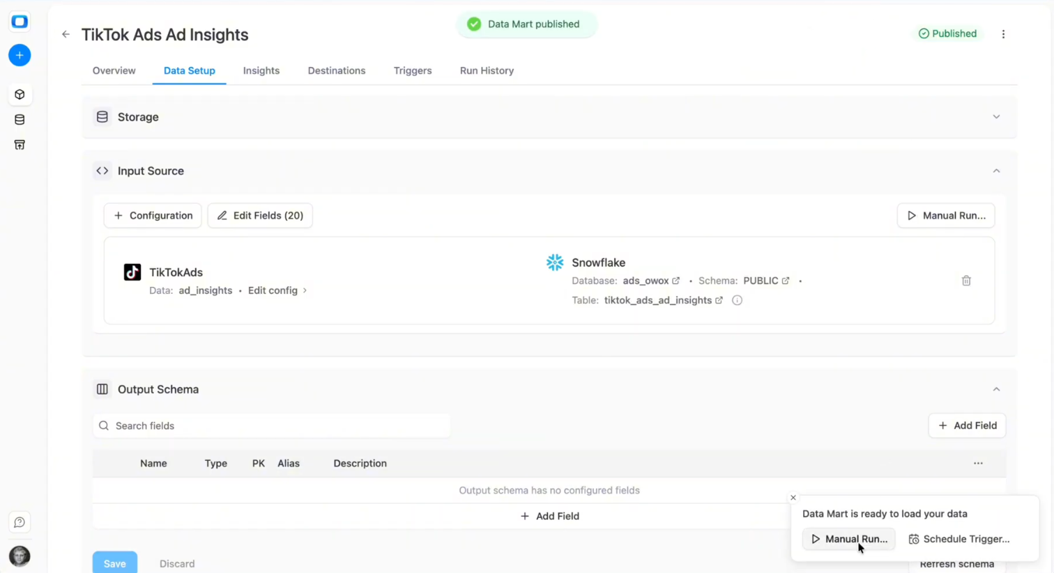 Manual Run interface in OWOX Data Marts showing Incremental and Backfill options for TikTok Ads connector. i-shadow