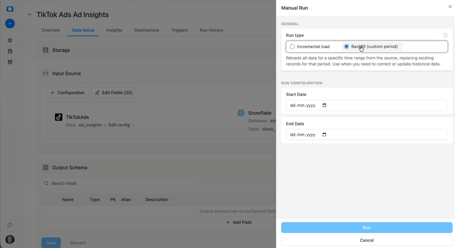 OWOX Data Marts manual run interface showing historical backfill configuration with date range selection for initial TikTok Ads data load into Snowflake. i-shadow
