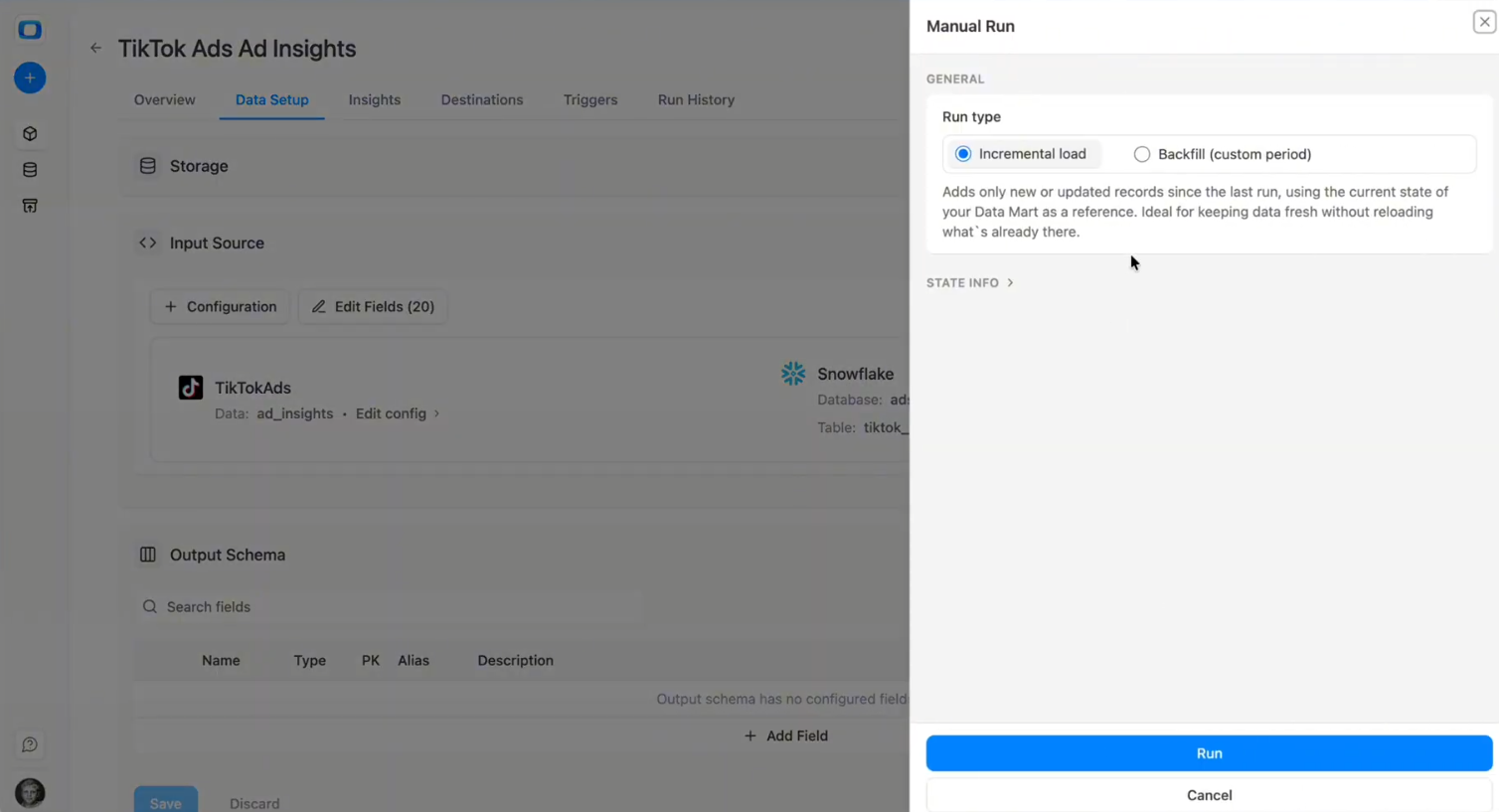 Incremental run configuration window in OWOX Data Marts showing date range and overwrite settings for TikTok Ads. i-shadow