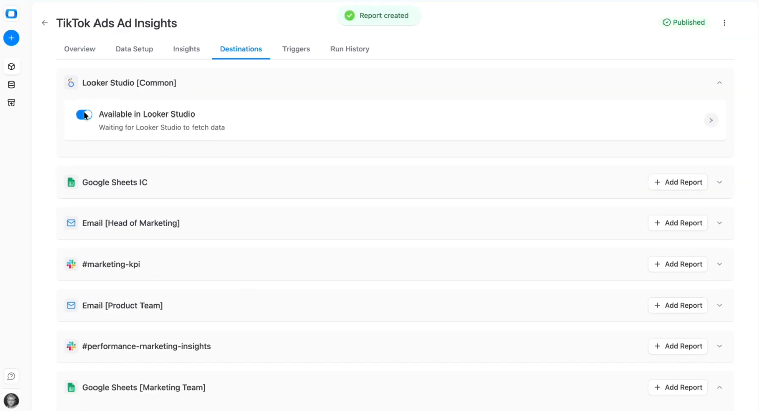 Looker Studio dashboard connected to Snowflake TikTok Ads data mart showing standardized spend, impressions, clicks, and ROAS metrics. i-shadow