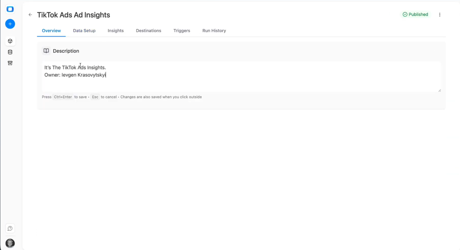 Overview tab in OWOX Data Marts showing description field for TikTok Ads data mart. i-shadow