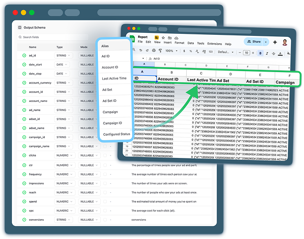 OWOX Data Marts output schema interface showing field aliases and descriptions mapped to business-friendly names, with a Google Sheets view illustrating how documented fields appear for end users.