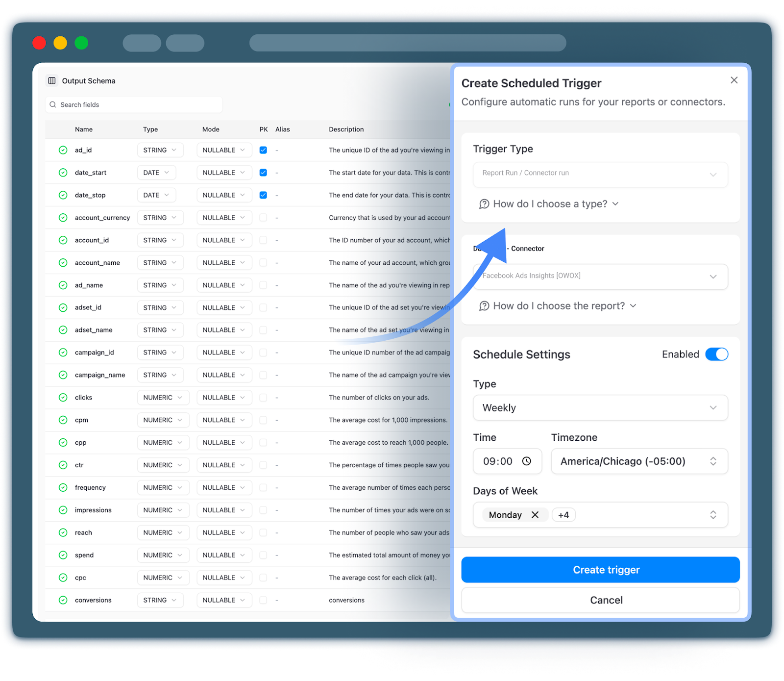 OWOX Data Marts interface showing a scheduled report trigger configuration with daily and weekly refresh options for automated Snowflake exports to Google Sheets.