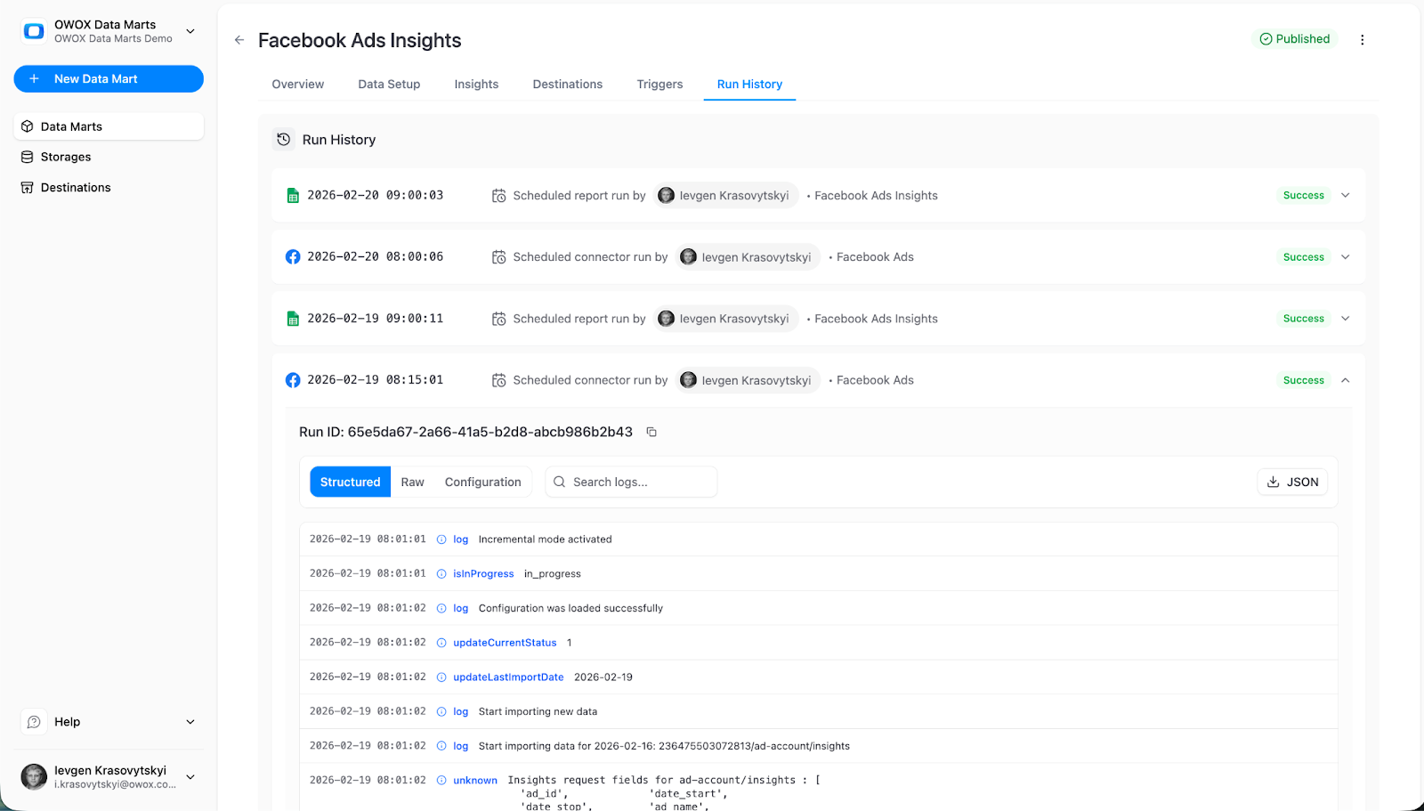 OWOX Data Marts Run History view showing report execution timestamps, status indicators, runtimes, row counts, and detailed logs for monitoring refresh performance and errors. i-shadow i-radius