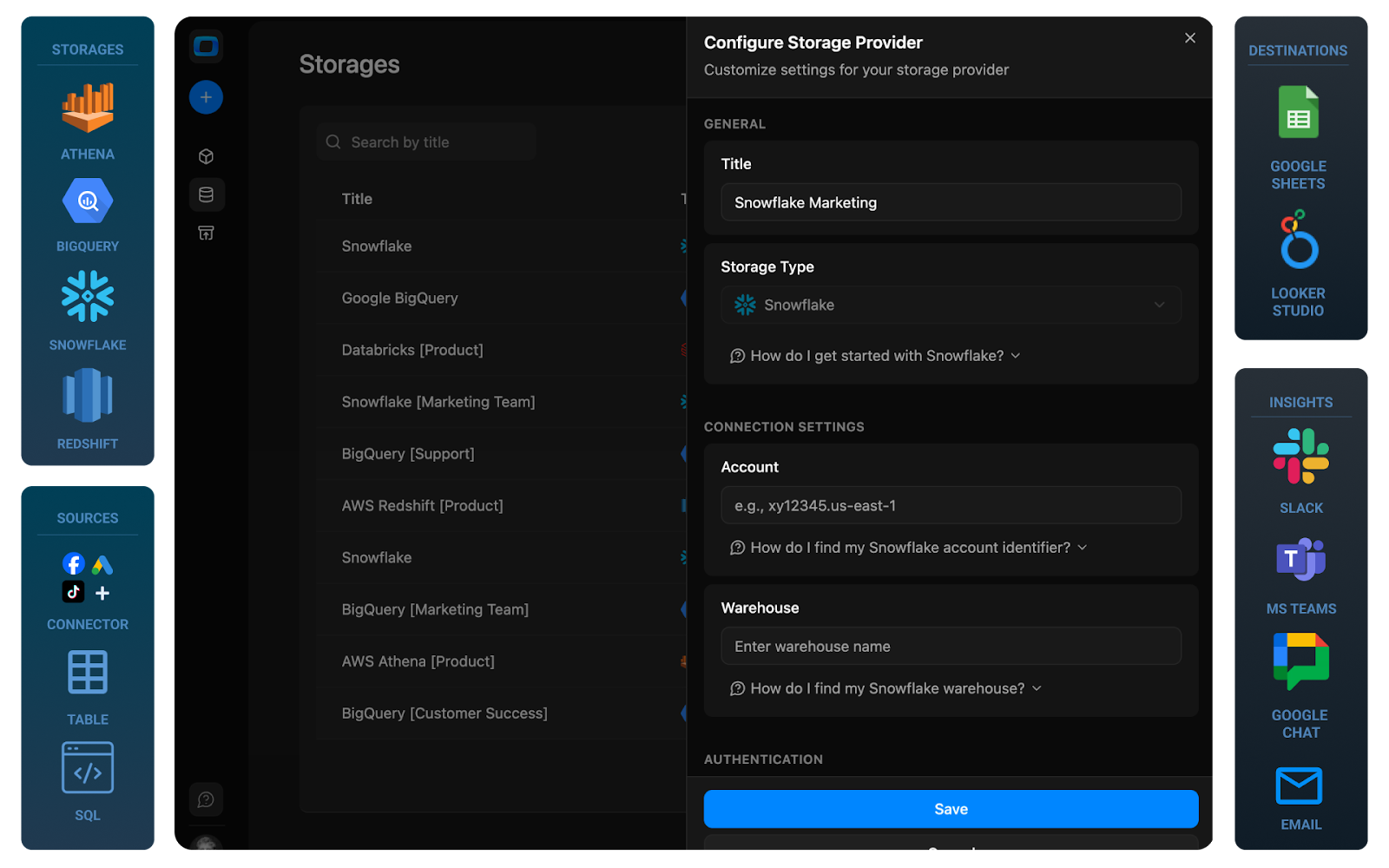 OWOX Data Marts Storage configuration interface showing Snowflake connection settings with account, warehouse, and authentication details for secure data access.