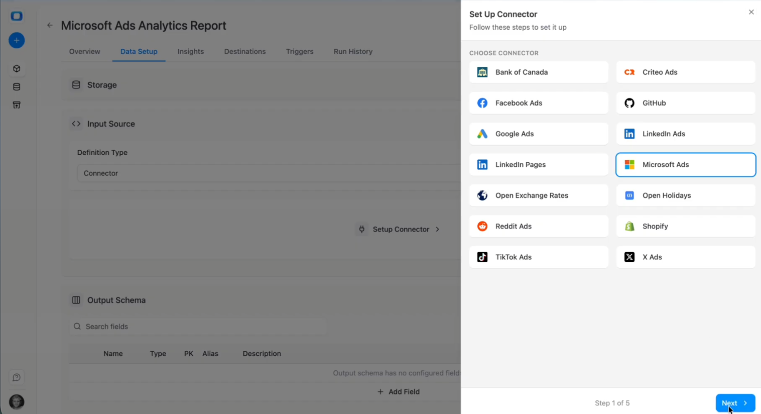 OWOX Data Marts connector selection screen showing Microsoft Ads chosen as the input source for a Snowflake data mart. i-shadow i-radius