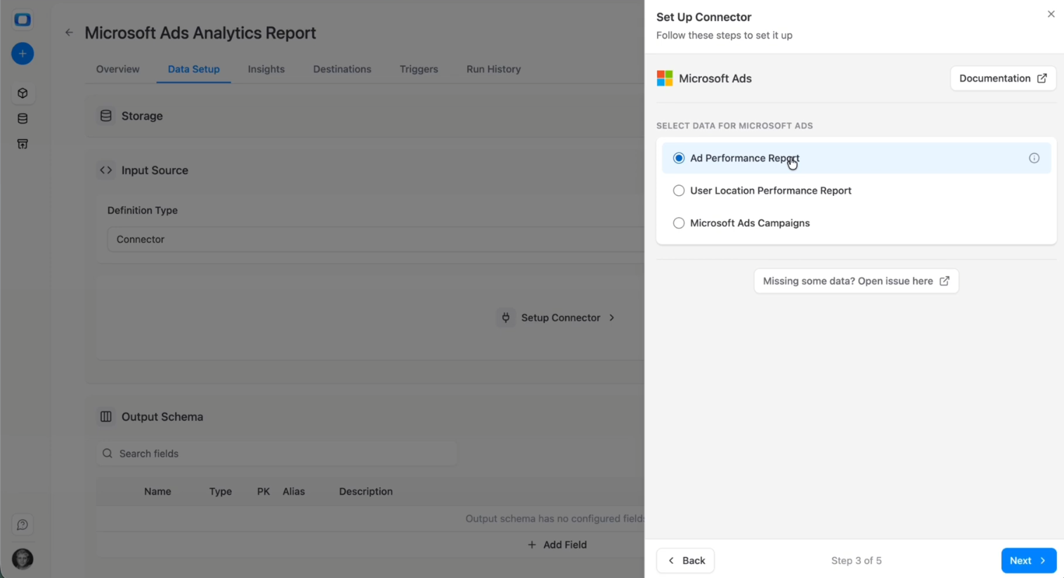 Microsoft Ads account selection and reporting endpoint configuration inside OWOX Data Marts. i-shadow i-radius