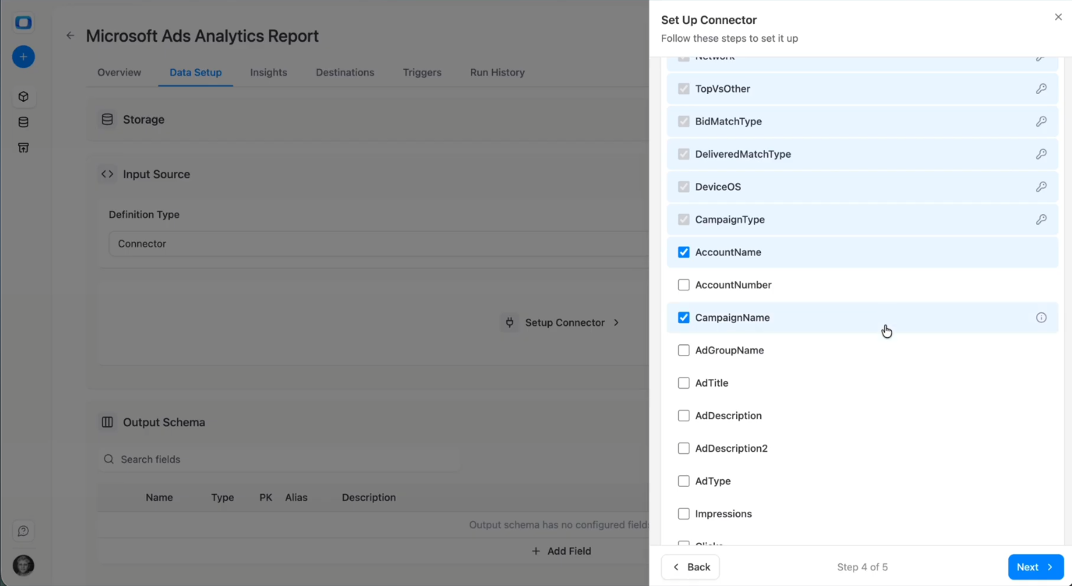Field selection screen in OWOX Data Marts showing Microsoft Ads metrics like impressions, clicks, cost, and conversions selected for ingestion. i-shadow i-radius