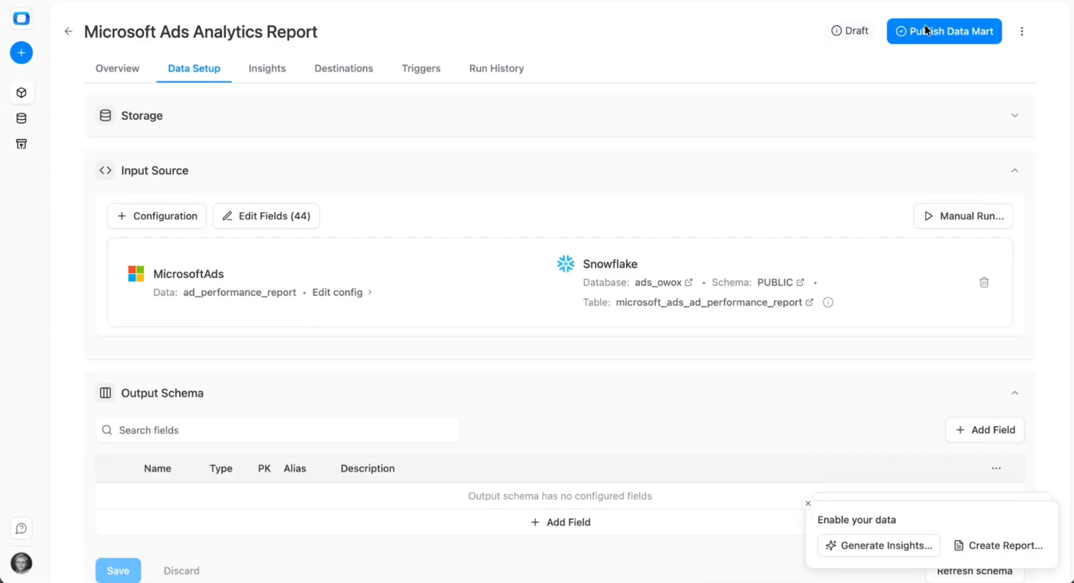 Snowflake destination configuration in OWOX Data Marts showing database, schema, and table setup for Microsoft Ads data loading. i-shadow i-radius