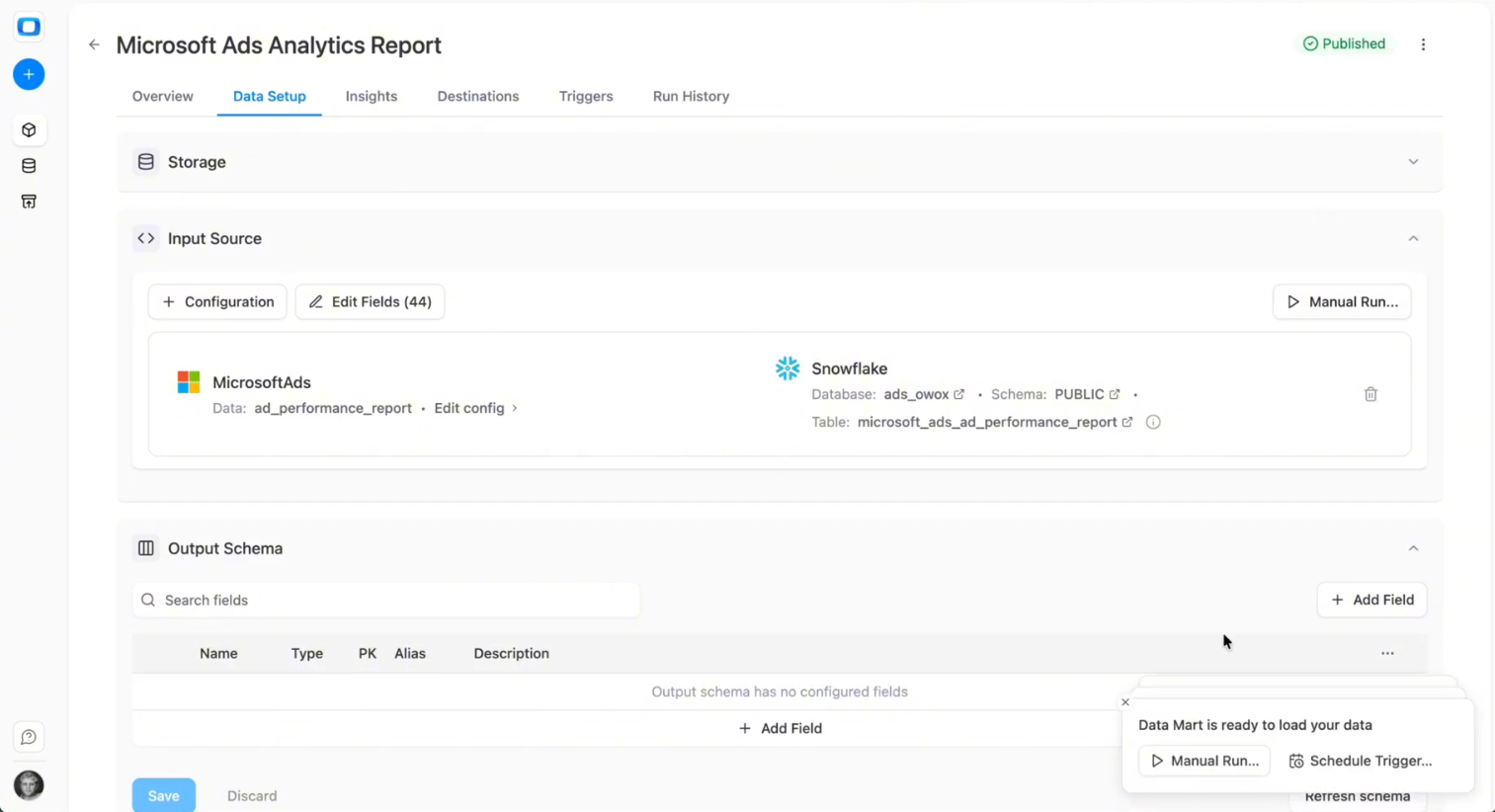 OWOX Data Marts interface showing Manual Run option for a Microsoft Ads data mart connected to Snowflake. i-shadow i-radius