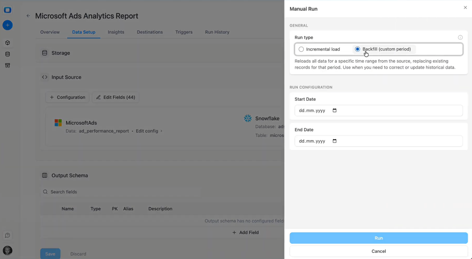 Manual run configuration panel in OWOX Data Marts showing backfill option for Microsoft Ads data loading. i-shadow