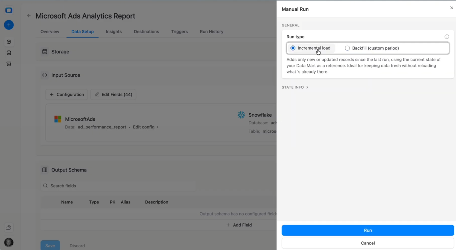 Manual run configuration panel in OWOX Data Marts showing incremental option for Microsoft Ads data loading. i-shadow