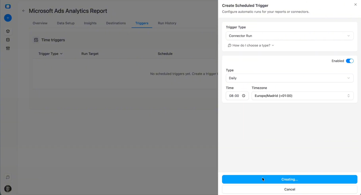 Scheduled trigger configuration in OWOX Data Marts showing Connector Run frequency and timezone setup for automated Microsoft Ads data refresh in Snowflake. i-shadow i-radius