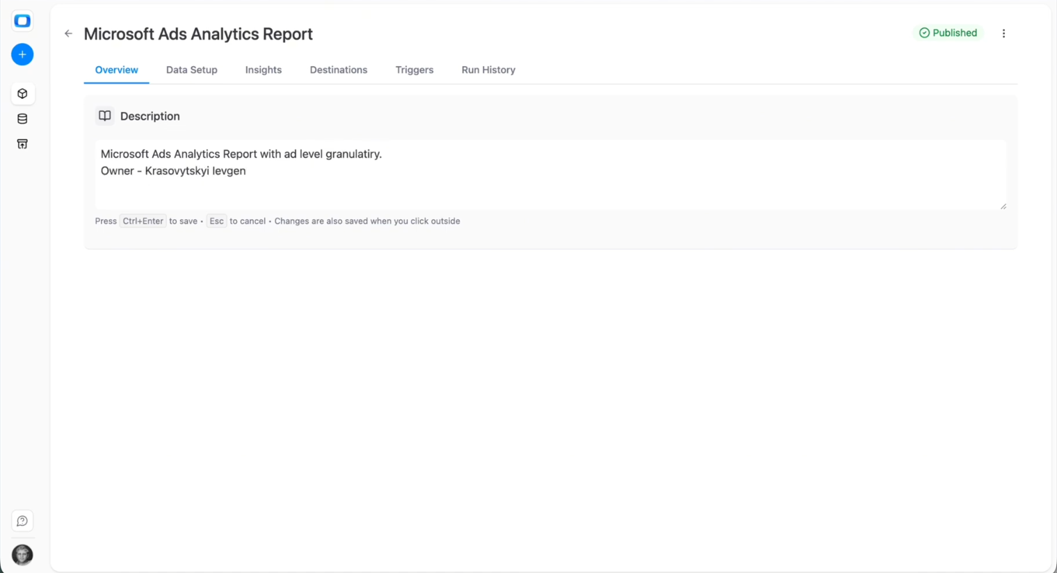 Overview tab in OWOX Data Marts showing the Description field used to document a Microsoft Ads data mart configuration and ownership details. i-shadow i-radius